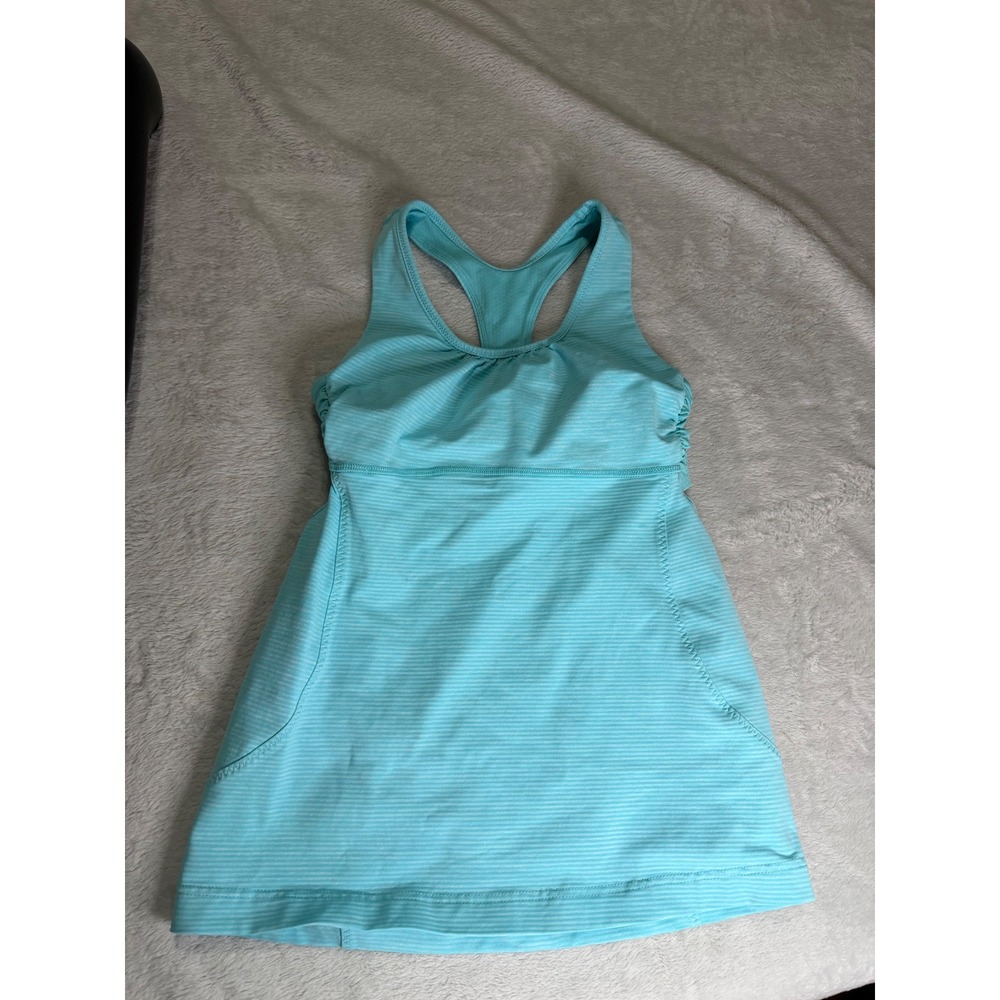 Lululemon No Limits Tank Top Turquoise Blue Space Dye Striped Open Back Built-in
